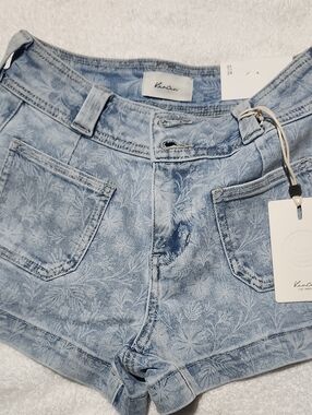 KanCan Light Blue Floral Print Denim Shorts